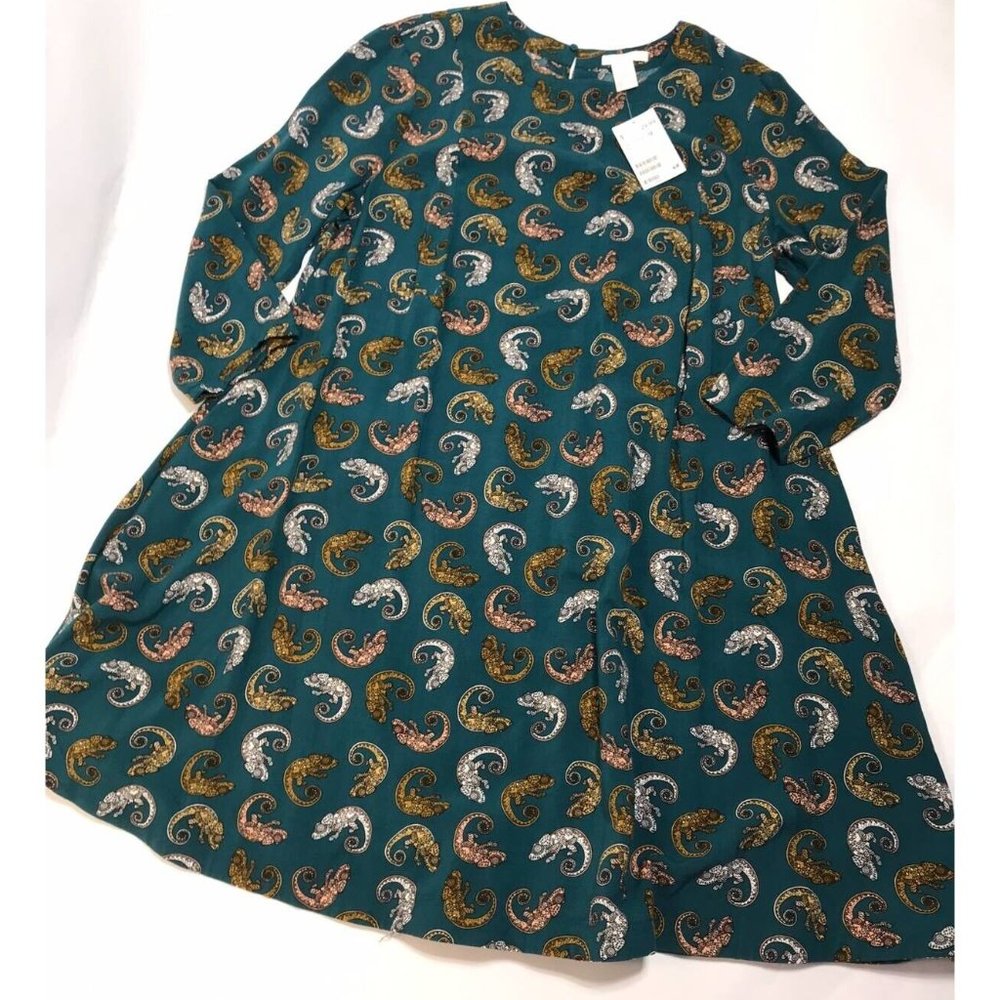 H&M Womens A Line Dress Green Chameleon Print Keyhole Back Long Sleeve 12 New